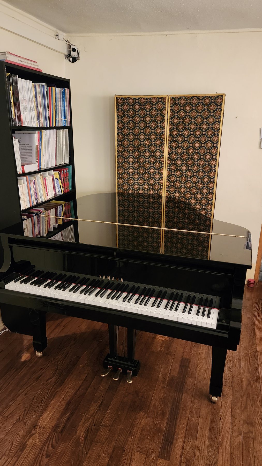 Piano à queue noir installé au domicile